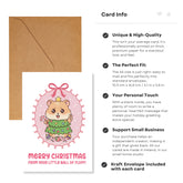 Christmas card with cartoon hamster and envelope, featuring text about card quality and features.